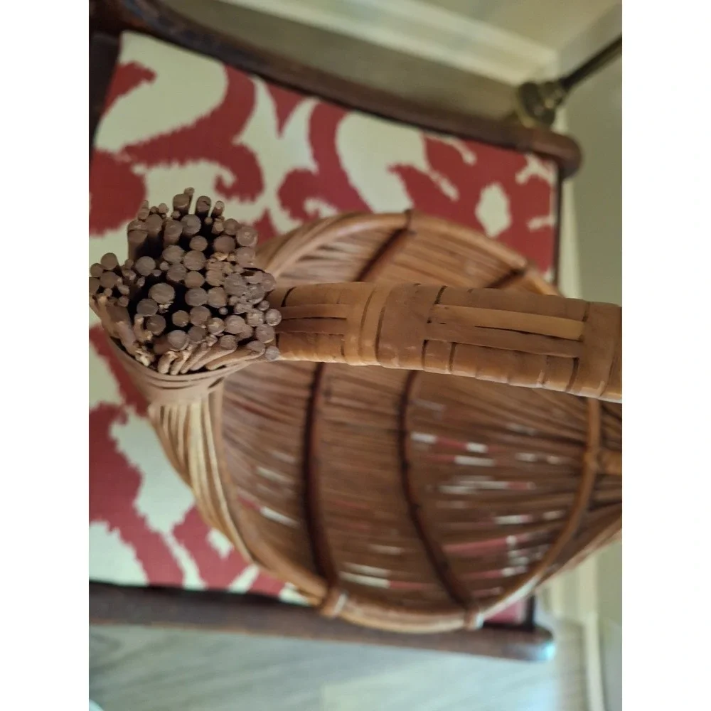 Vintage MCM Handmade Bamboo and Rattan Boat Shaped Fruit Basket With Handle
